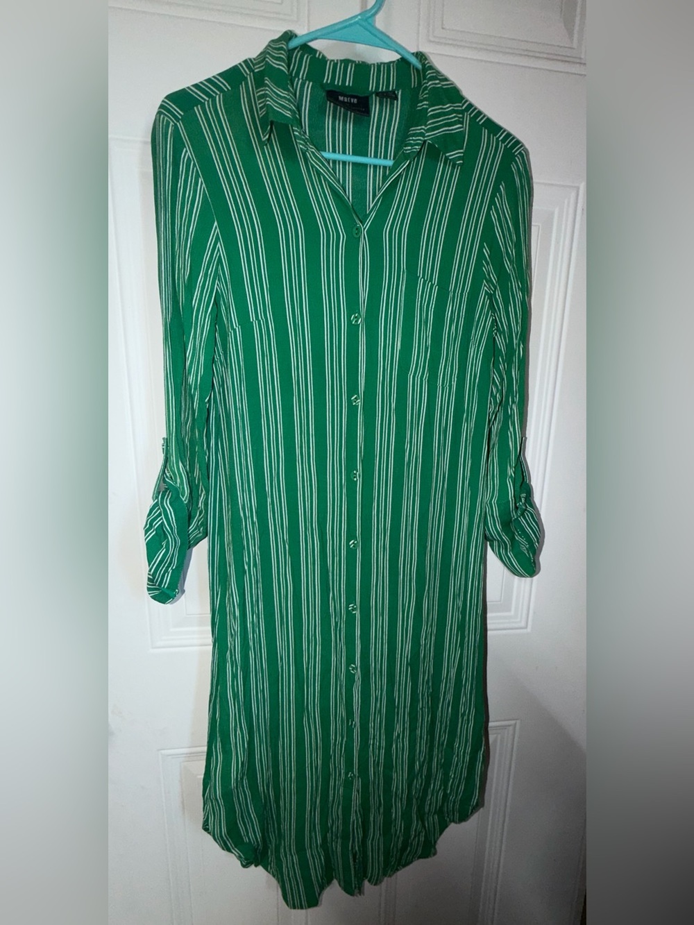 Anthropologie Green and White Striped Long-Sleeve Shirt Dress
